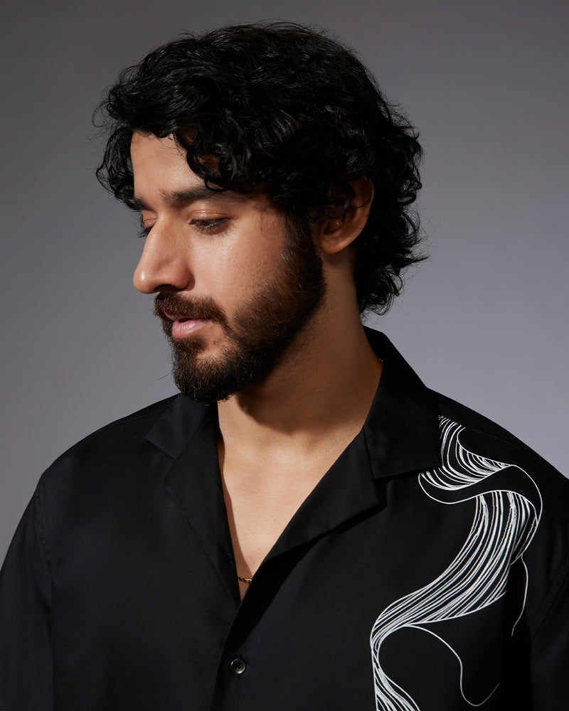Black Half-Sleeve Stretch Printed Shirt