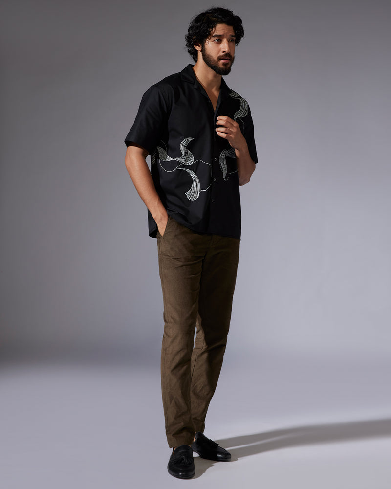 Black Half-Sleeve Stretch Printed Shirt