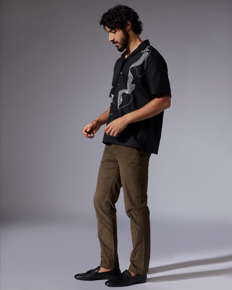 Black Half-Sleeve Stretch Printed Shirt