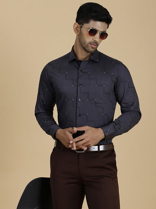 Dark Grey Printed Slim Fit Formal Shirt