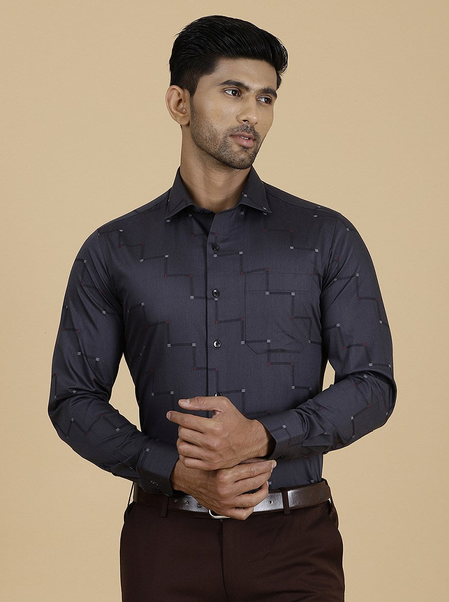 Dark Grey Printed Slim Fit Formal Shirt